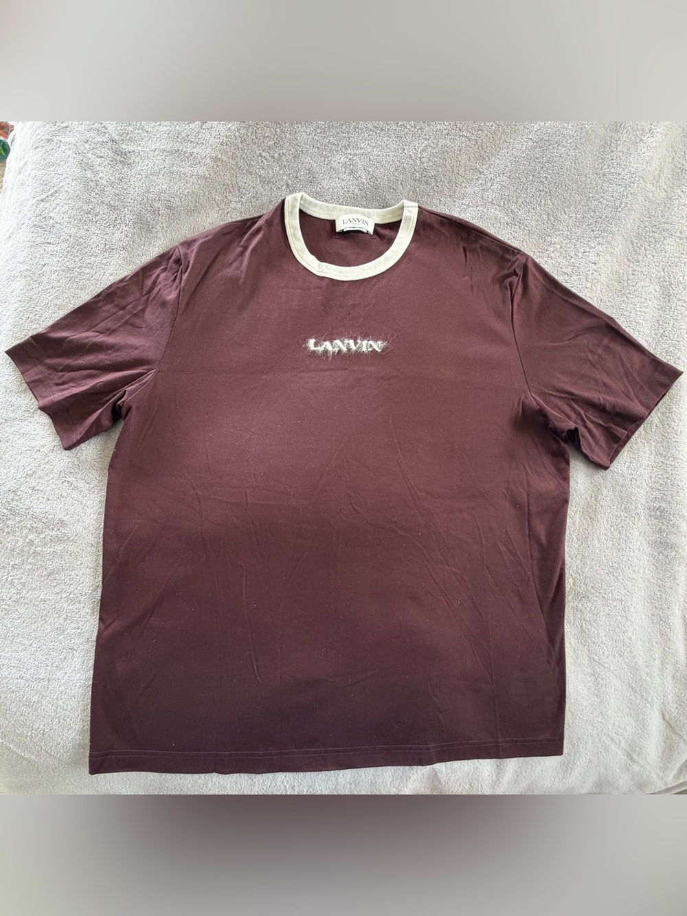 Lanvin Men’s Burgundy Logo Tee with Cream Contrast Collar Size L